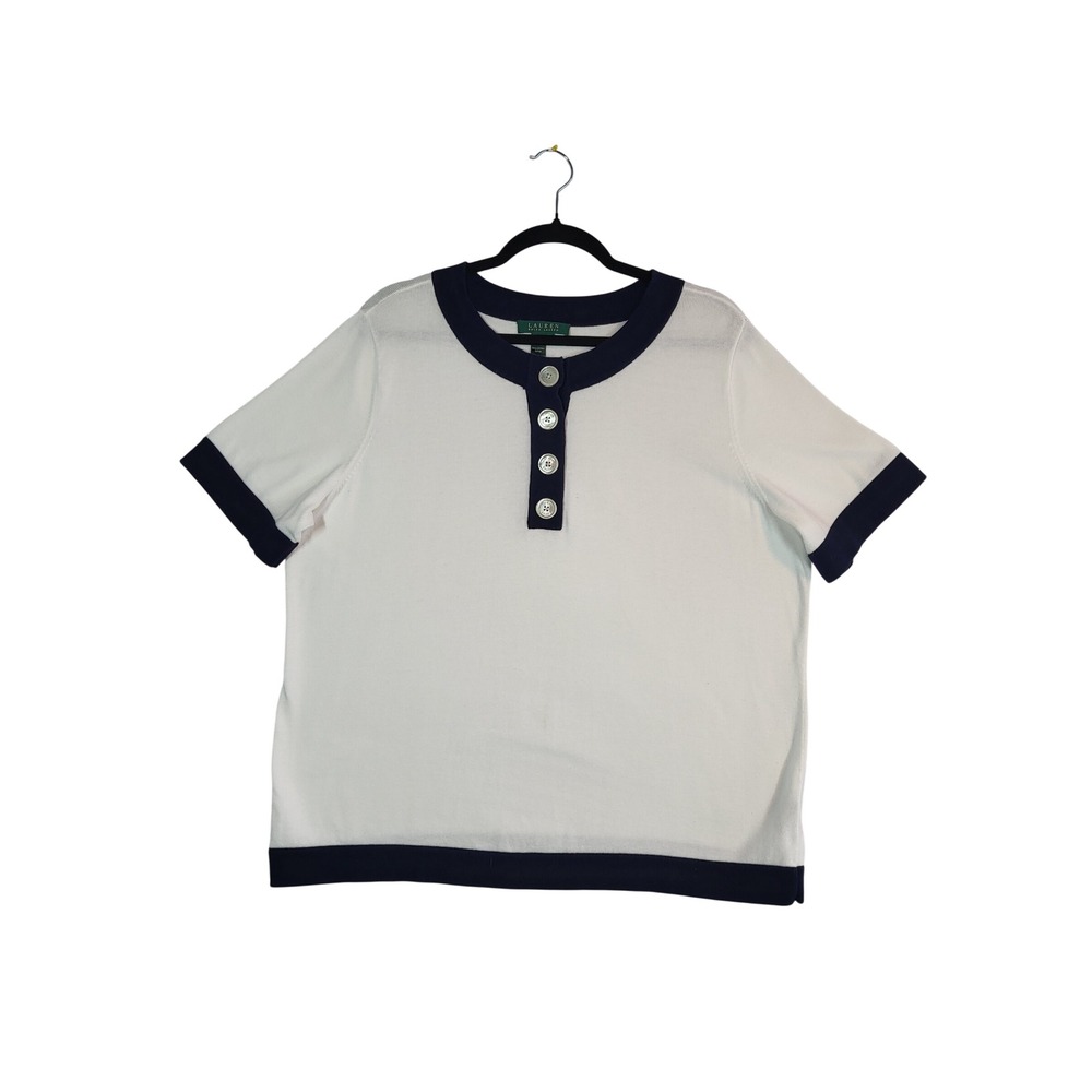 Lauren Ralph Lauren Henley Sweater XL White Navy Short Sleeve Nautical Cotton